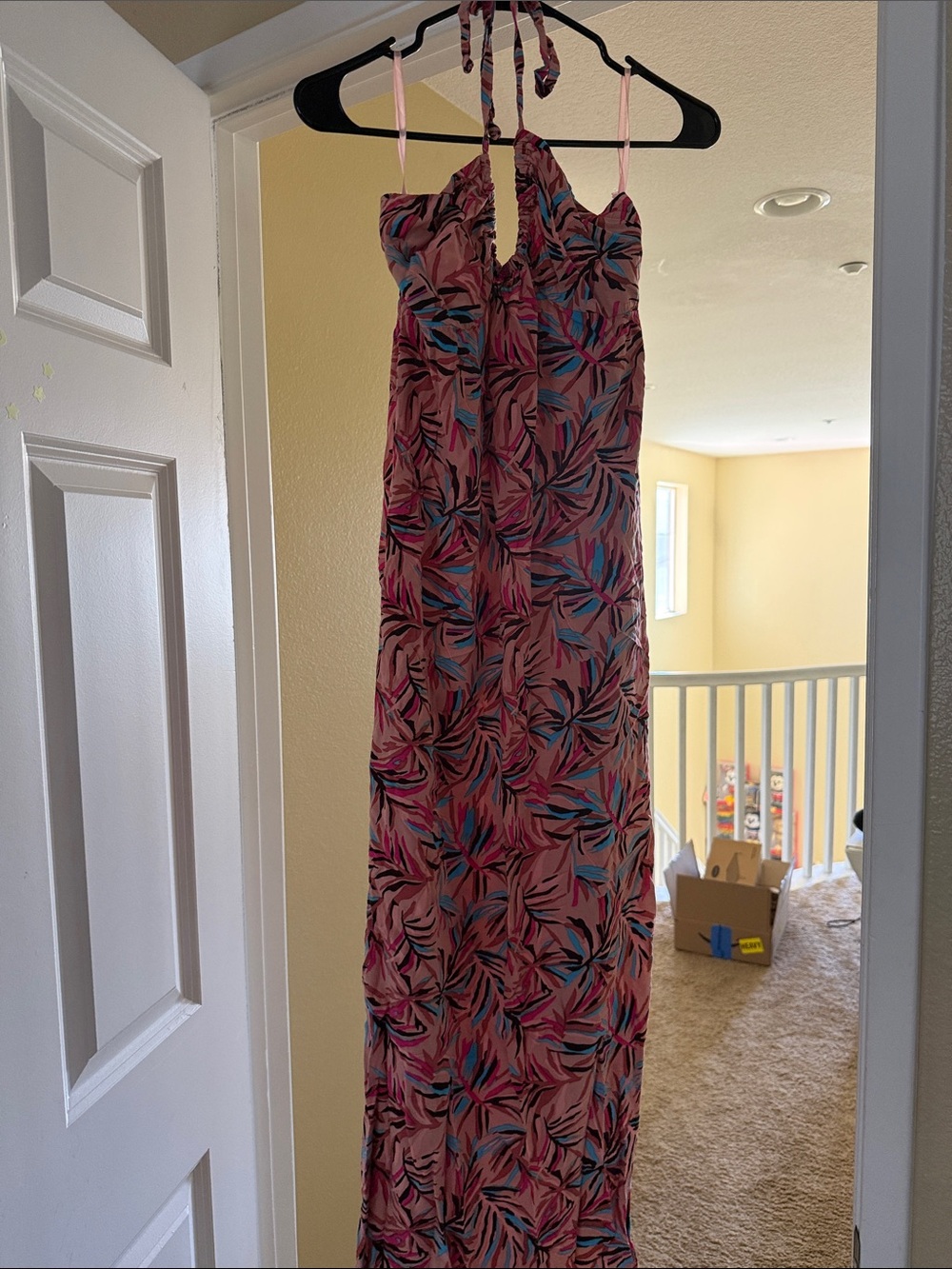 Tropical Pink Halter Maxi Dress with Tie Neck
